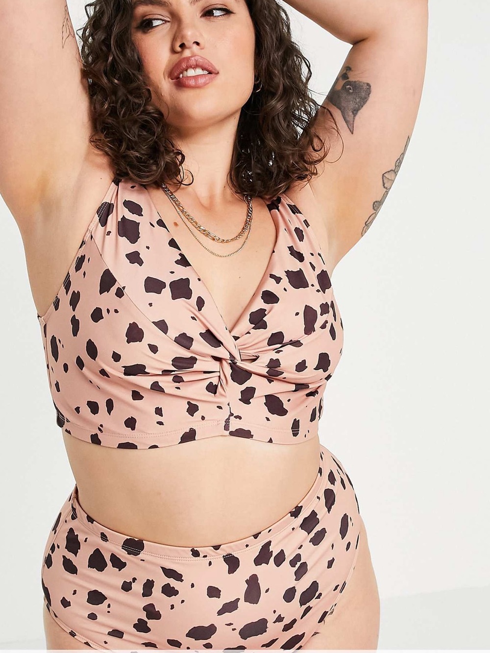 NWOT ASOS DESIGN curve twist front high rise bikini in natural splodge print